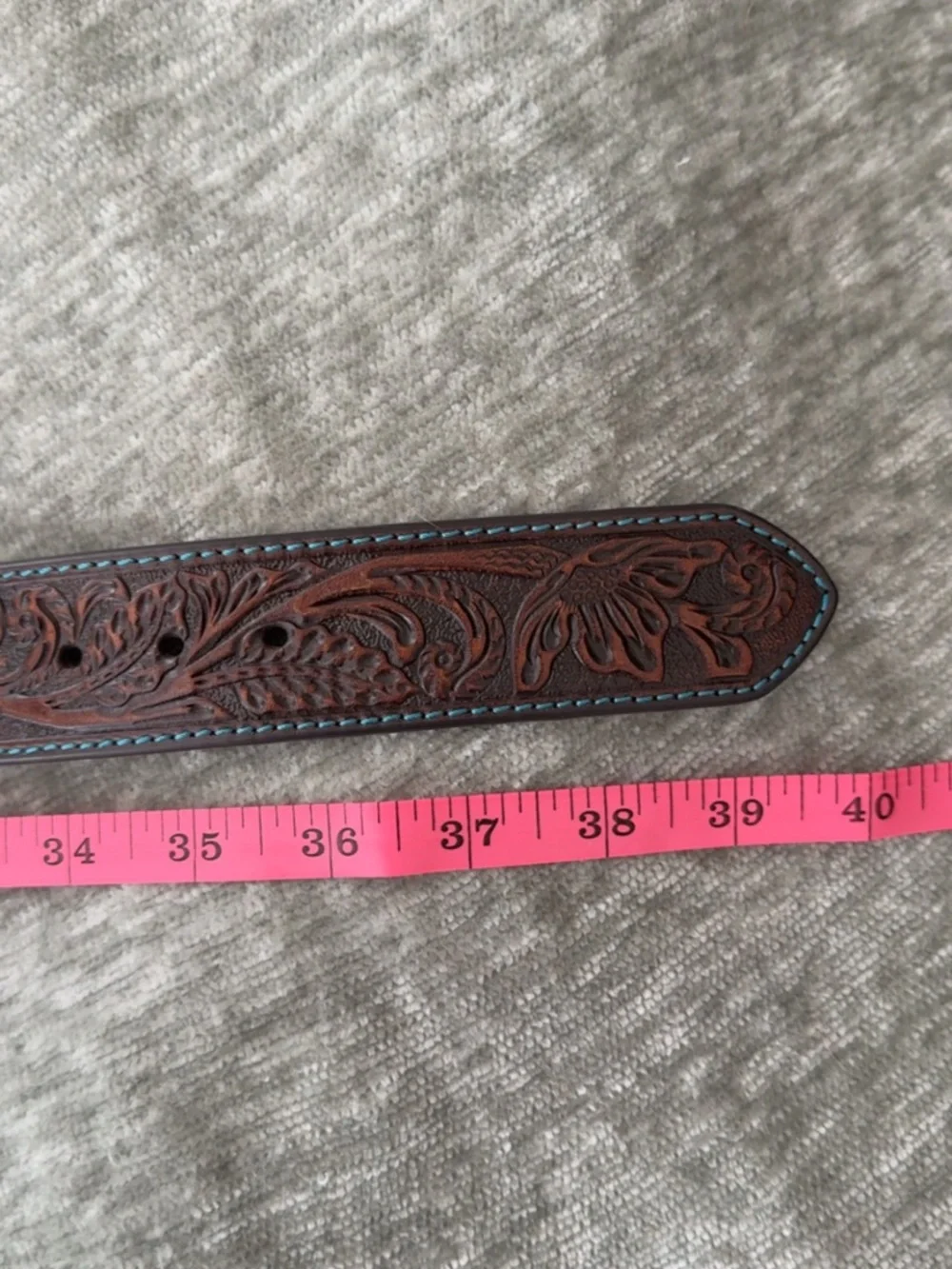 Brown Tooled Leather Belt with Turquoise Accents - Picture 3 of 3